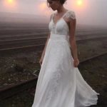 Cap Sleeves Chiffon Beach Wedding Dress with Romantic V Neck