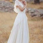 Ruched Chiffon V Neck A-Line Wedding Dress with Short Sleeves