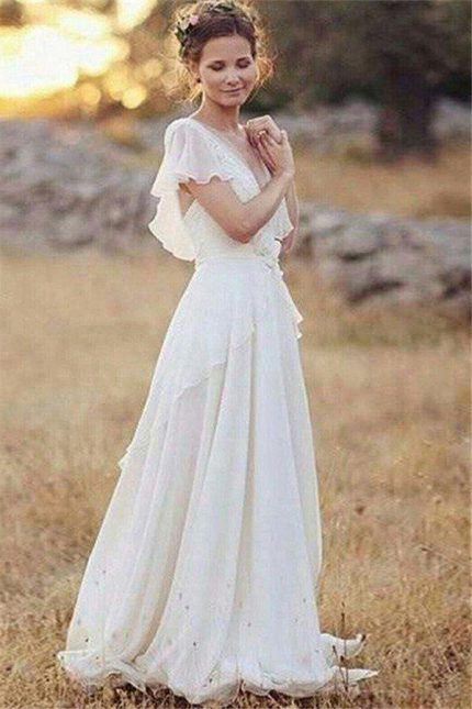 Ruched Chiffon V Neck A-Line Wedding Dress with Short Sleeves
