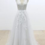 Appliques Tulle A-Line Wedding Dress with Ruffle V-Neck