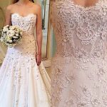 Ivory Lace Tulle Flowers on A-Line Satin Wedding Dress