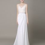 Plunging Neckline Satin Sheath Wedding Dress with Back Belt and Beaded Lace