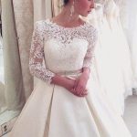 A-Line Satin Wedding Dress with Lace Bateau Neckline and Court Train