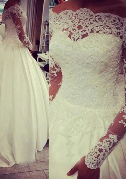 Off Shoulder Satin Wedding Dress with Floor Length Beaded Lace