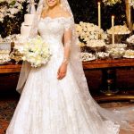 Sheer Long Sleeve Lace Court Wedding Dress with Scalloped Off Shoulder Design