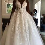 V-neck A-line Wedding Dress with Floral Appliques Lace