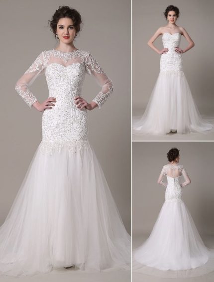 Detachable Neckline Lace Applique Mermaid Court Train Bridal Dress Exclusive in Sequined Wedding Dress