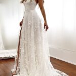 Sexy Long A-Line Wedding Dress with Spaghetti Strap Lace Backless Design and Slit