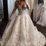 Sexy Long A-Line V-neck Wedding Dress with Appliques Lace and Pearl Details
