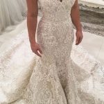 Sexy Long Mermaid V-neck Wedding Dress Spaghetti Straps and Appliques Lace