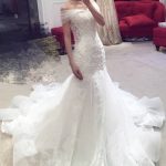 Sexy Mermaid Off-the-shoulder Lace Applique Wedding Dress with Chapel Train