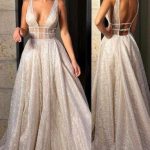 Sparkly Deep V Neck Sequin Prom Dresses in Sexy Wedding Dress Bridal Gown