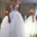 Sexy Strap Plunging Backless Lace Wedding Dress with Tulle Skirt