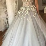 Deep V-neck Appliqued Ball Gown Wedding Dress with Sexy Straps