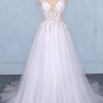 Sexy V Neck Tulle Wedding Dress with Lace Appliques A Line and Backless Design