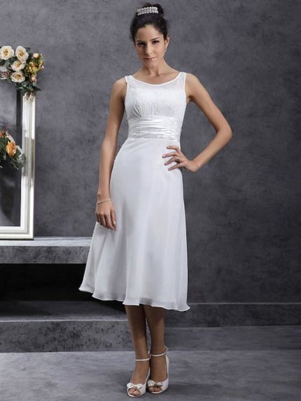Scoop Neck Tea Length Chiffon Sheath/Column Wedding Dresses with Regular Straps Little White Dress