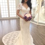 Short Sleeve Court Train Lace Sheath Wedding Dress with V-Neck