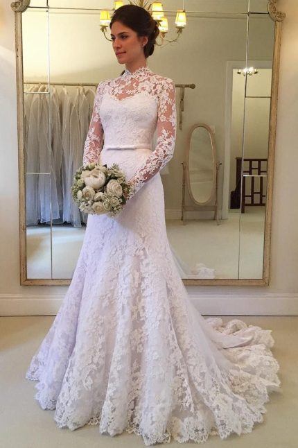 Sheath Wedding Dress with Small Round Collar Long Sleeves and Sweep Train in Tulle Applique Lace