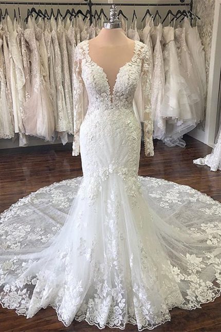 Floor Length Sheath Wedding Dress with V-neck and Tulle Applique