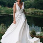 Backless Chiffon Wedding Dress with Wide Strap and V-neck in Sheath Style