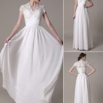 V-Neck Lace Chiffon Pleated Floor Length Bridal Dress Exclusive in Sheath Wedding Dress