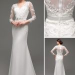 Long Sleeves Illusion Back V-Neck Sheath/Column Bridal Gown With Rhinestone Sash