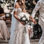 Sweep Train Lace Sheath/Column Off Shoulder Wedding Dress