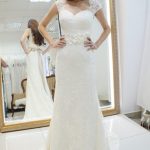 Cap Sleeve Court Lace Sheath/Column Wedding Dress with Sash Flower