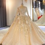 Long Train Wedding Dresses with Shinny O-Neck and Long Sleeves