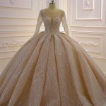 Jewel Long Sleeves Ruffled Ball Gown Wedding Dress with Shiny Tulle