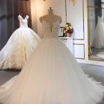 Spaghetti Strap Lace Tulle Wedding Dresses with Shiny Long Ball Gown Sweetheart Design