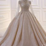 Pleated Champagne Wedding Dress with Shiny Sequined Long Sleeves