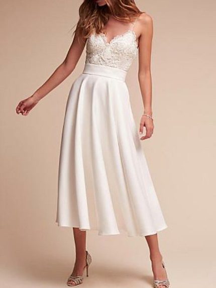 V Neck Satin Spaghetti Strap Backless Wedding Dresses in Short A-Line Style