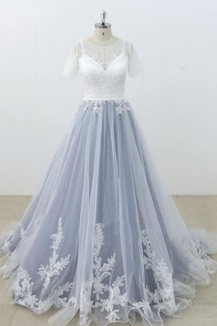 Tulle A-line Wedding Dress with Short Sleeves and Appliques