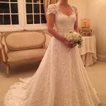 Button Back A-line Lace Court Wedding Dress with Short Sleeves Beaded Details
