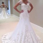 Trumpet Beaded Lace Satin Open Back Wedding Dress with V-neck and Short Sleeves