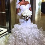 Off the Shoulder White Mermaid Wedding Dresses with Ruffled Train Short Sleeves