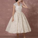 Lace Champagne Vintage Bridal Dress Ball Gown Beading Backless Tea-Length Bridal Gown with Sash Short Wedding Dress