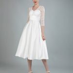 V Neck 3/4 Length Sleeves A Line Tea Length Traditional Bridal Dresses Short Wedding Dresses