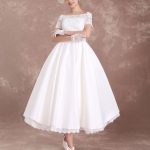 Vintage Bridal Dress Bateau Lace Short Sleeve Ivory Bow Sash Tea Length Wedding Reception Dress Short Wedding Dresses