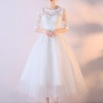 White Half Sleeve Lace Applique Tea Length Bridal Dress Short Wedding Dresses