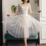 White Lace Long Sleeve Illusion Tea Length Bridal Dress Short Wedding Dresses