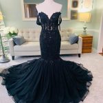 Dramatic Black Lace Tulle Court Mermaid Wedding Dress with Off Shoulder Corset Bodice