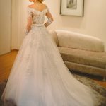 Enchanting Long Sleeve Ball Gown Wedding Dress with Off Shoulder Court Train in Lace Tulle Fabric