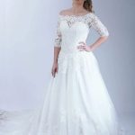 Elegant A-line Wedding Dress with Chapel Length and Off Shoulder Lace Tulle Design featuring Button Details