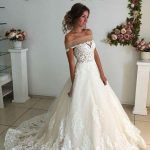 Breathtaking Court Train Lace Tulle Wedding Dress with Off Shoulder Illusion Neckline