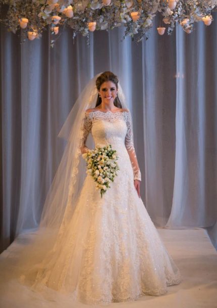 Sweep Lace Ball Gown Wedding Dress with Off Shoulder Long Sleeves