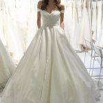 Princess Wedding Dress in Long Lace Tulle with Off Shoulder Short Sleeves and Button Accents