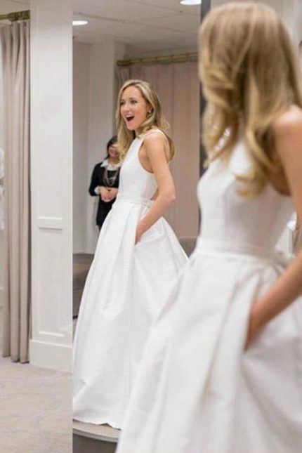 Criss Cross Back Satin with Pockets Cheap Wedding Dress Simple A-Line Design