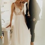 Beading Long Tulle Beach A Line Deep V Neck Wedding Dress Simple and Elegant